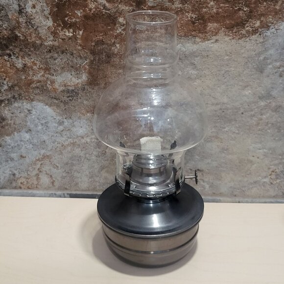 Vintage Kerosene Lamp Wick Clear Hurricane Glass Globe Chimney Metal Base - Picture 1 of 12